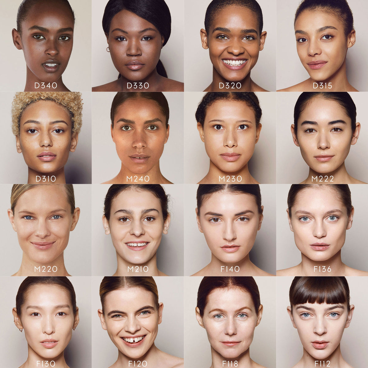 Close ups of various faces of different skin tones, from dark to light with the foundation shades they are wearing. F120 is the third-lightest shade shown.