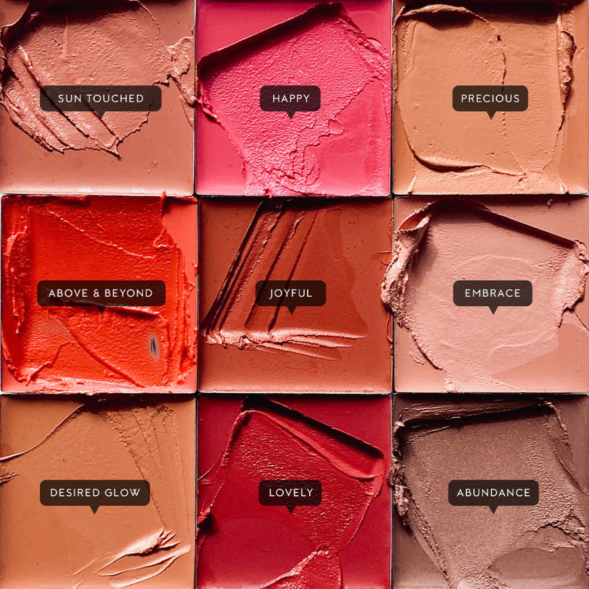 Nine different shades of cream blush. Desired glow is a light, warm neutral shade.
