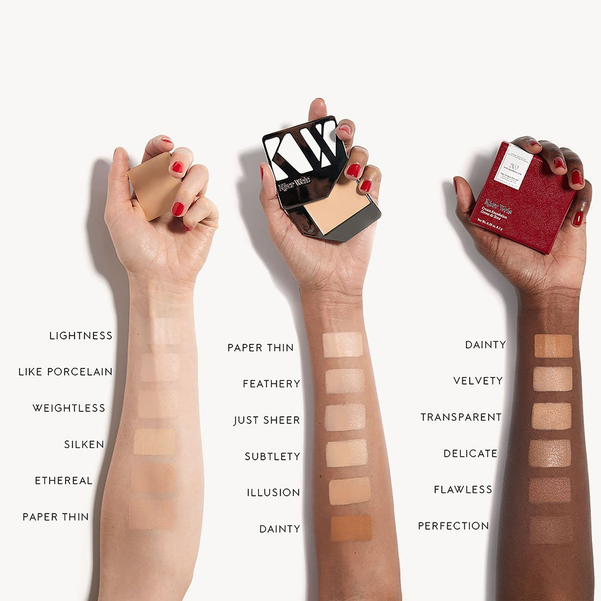 Three arms of three different skin tones all with a swatch of cream foundation from darkest to lightest shade. Ethereal is the second-darkest shade on the lightest skin tone.