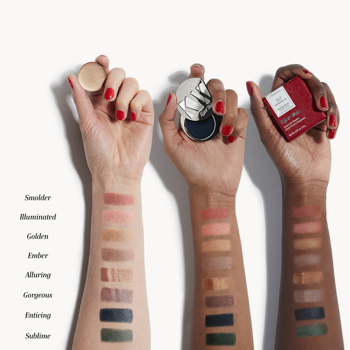 Kjaer Weis Cream Eye Shadow swatches on arms, showcasing the color of each on various skin tones