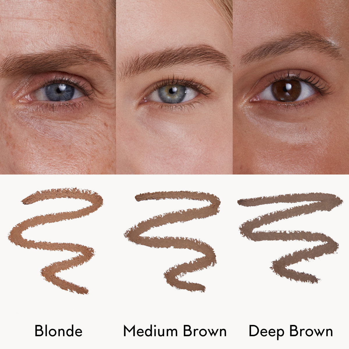 Three close-up views of eyes with different eyebrow colors and three eyebrow pencil swatches labeled 'Blonde', 'Medium Brown', and 'Deep Brown'.