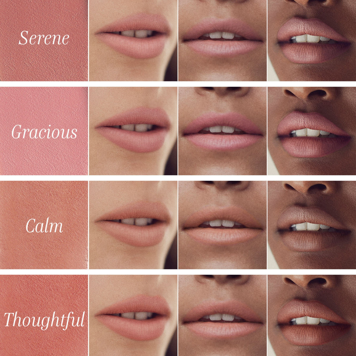 Collage of lips with different shades labeled 'Serene', 'Gracious', 'Calm', and 'Thoughtful'.