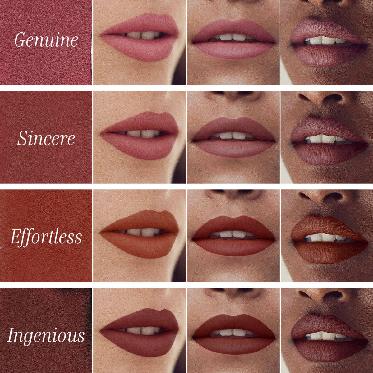 Collage of lips with different shades labeled 'Genuine', 'Sincere', 'Effortless', and 'Ingenious'.