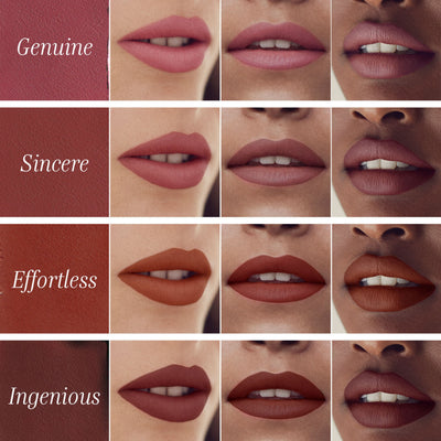 Collage of lips with different shades labeled 'Genuine', 'Sincere', 'Effortless', and 'Ingenious'.