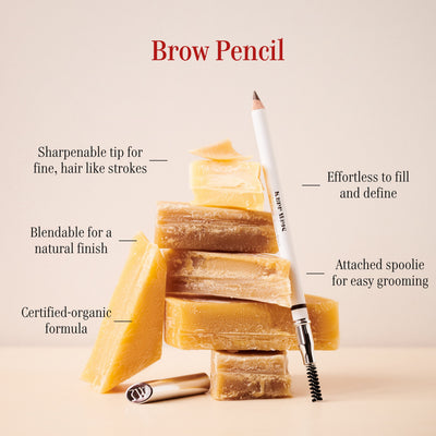 Brow pencil with benefits highlighted on a beige background: Sharpenable tip; Blendable for a natural finish; Certified organic formula; Effortless to fill and define; and Attached spoolie for easy grooming.