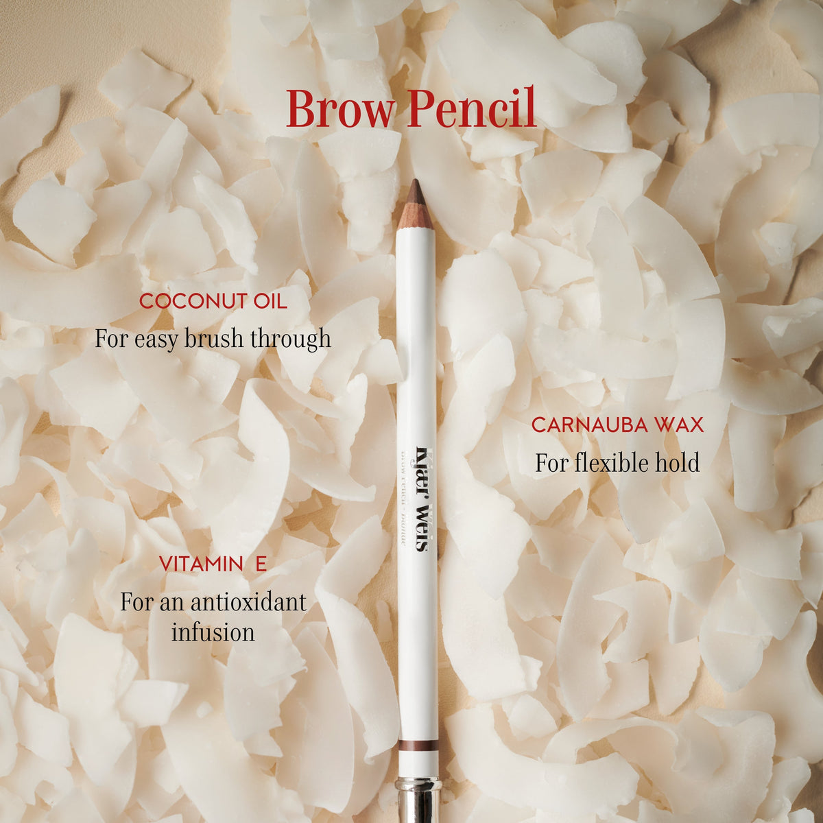 Brow pencil featured ingredients: Coconut oil, Carnauba wax, and Vitamin E on a coconut shavings background.
