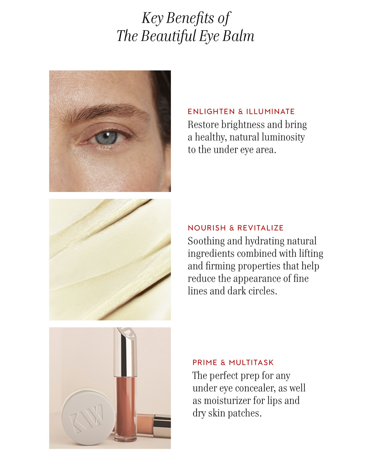 Infographic for The Beautiful Eye Balm with text on benefits and product images.